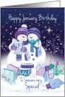 Birthday in January. Two Snow Women Happily Shopping in the City. card