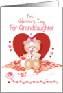 Granddaughter’s First Valentine’s Day -Teddy Sitting against Red Heart card