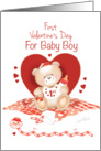 Baby Boy’s First Valentine’s Day - Teddy Sitting against Red Heart card