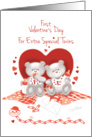 Twins First Valentine’s Day - 2 Teddy Bears Sit Against Red Heart card