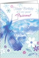 Birthday for Friend Blue Decorative Butterfly with Flowers card