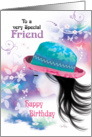 Friend, Birthday- Girl in Hat with Decorative Design card