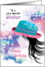 Sister, Birthday - Girl in Hat with Decorative Design card