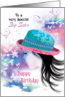 Step Sister, Birthday- Girl in Hat with Decorative Design card