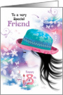 Friend, 18th Birthday - Girl in Hat with Decorative Design card