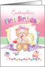 Goddaughter’s 1st Birthday - Girl Teddy, Pillows Giraffe card