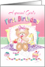 Special Girl’s 1st Birthday - Girl Teddy, Pillows Giraffe card