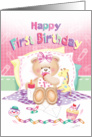 First Birthday, Girl - Teddy with Pacifier and Giraffe card