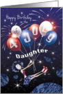 Daughter, July 4th Birthday - Girl Floats in Space with Balloons card