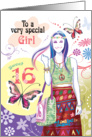 16th Birthday Girl - Hippy Teen with Flowers and Butterflies card