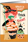Halloween, Trick or Treat - Cute Cupcake Little Witch with Cupcake Cat card