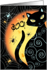 Halloween, Boo - Black Cat by Moon with Spiders and Cobwebs card