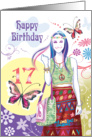 17th Birthday - Hippy Teenage Girl with Flowers and Butterflies card