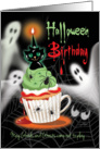 Halloween, Birthday - Cupcake with Cup Handle, Black Cat and Ghosts card