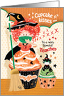 Halloween, To Teacher, - Cute Cupcake Witch and Cat card