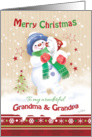 Christmas, Grandma & Grandpa - Blue Snow Child Hugs Snow Puppy card