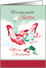 Christmas, Sister - Red Ladies Shoes with Perfume & Present in Snow card