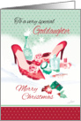 Christmas, Goddaughter - Red Ladies Shoes with Perfume in Snow card