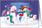 Christmas, From Babysitter -Cute Snow Babes & Snow Puppy spot Santa card