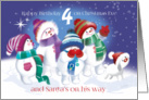 Age 4 Birthday, Christmas Eve-Snow Babes & Snow Puppy spot Santa card