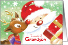 Grandson, Christmas- Cute Reindeer & Santa with Present card