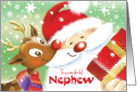 Nephew, Christmas- Cute Reindeer & Santa with Present card