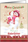 Christmas, From Babysitter. Cute Little Snow Girl Hugs her Snow Puppy card