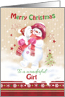 Christmas, For a Little Girl. Cute Snow Girl Hugs her Snow Puppy card