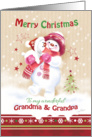 Christmas, Grandma & Grandpa. Cute Snow Girl Hugs her Snow Puppy card