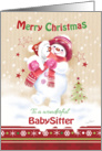 Christmas, For Babysitter. Cute Snow Girl Hugs her Snow Puppy card