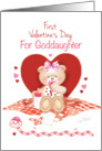 Goddaughter, 1st Valentine’s Day-Teddy Sits against Red Heart card