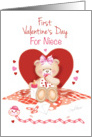 Niece, 1st Valentine’s Day-Teddy Sits against Red Heart card