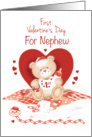 Nephew, 1st Valentine’s Day-Teddy Sits against Red Heart card