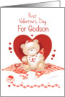 Godson, 1st Valentine’s Day-Teddy Sits against Red Heart card