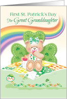 1st St. Patrick’s Day, Great Granddaughter -Teddy Sitting by Shamrock card