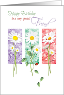 Birthday, Friend, 3 Long Stem Daisies On Color Panels with Ladybirds card