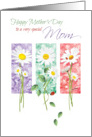 Mother’s Day, Mom. 3 Long Stem Daisies On 3 Color Panels. card