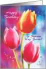 Birthday, Someone Special - 3 Vibrant Tulips on Water-Color Background card