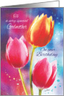 Birthday, Godmother, 3 Vibrant Tulips on Water-Color Background card
