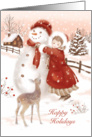 Happy Holidays, Cute Deer watches Child make Snowman, Vintage card