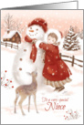 Christmas, Niece, Cute Deer watches Child make Snowman, Vintage card