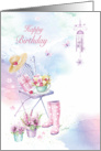 Happy Birthday, Wind Chime on Patio, Chair and Flowers card