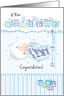 Congratulations, New Baby, Boy, and Puppy, Asleep together on Pillows card