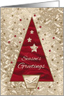 Season’s Greetings, Modern, Red Christmas Tree on Gold effect card