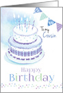 Happy Birthday, Cousin, 2 Tier Blue Cake with Candles and Buntings card