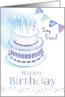 Happy Birthday, Friend, 2 Tier Blue Cake with Candles and Buntings card