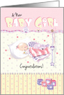 Congratulations, New Baby, Girl, and Puppy, Asleep together on Pillows card
