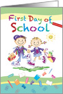 First Day of School, Boy and Girl holding hands on way to School card