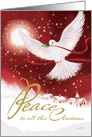 Christmas, Peace, Dove flying over Village covered in Snow card