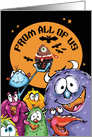 Halloween, From All of Us, Funny Monsters with Eyeball Cupcake card